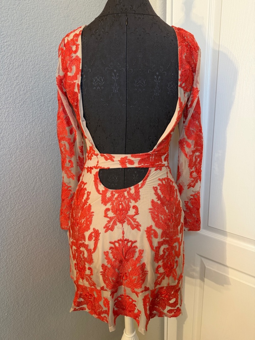 For Love & Lemons San Marcos Mini Dress Red Embroidered Nude Illusion Size Small - Picture 6 of 13